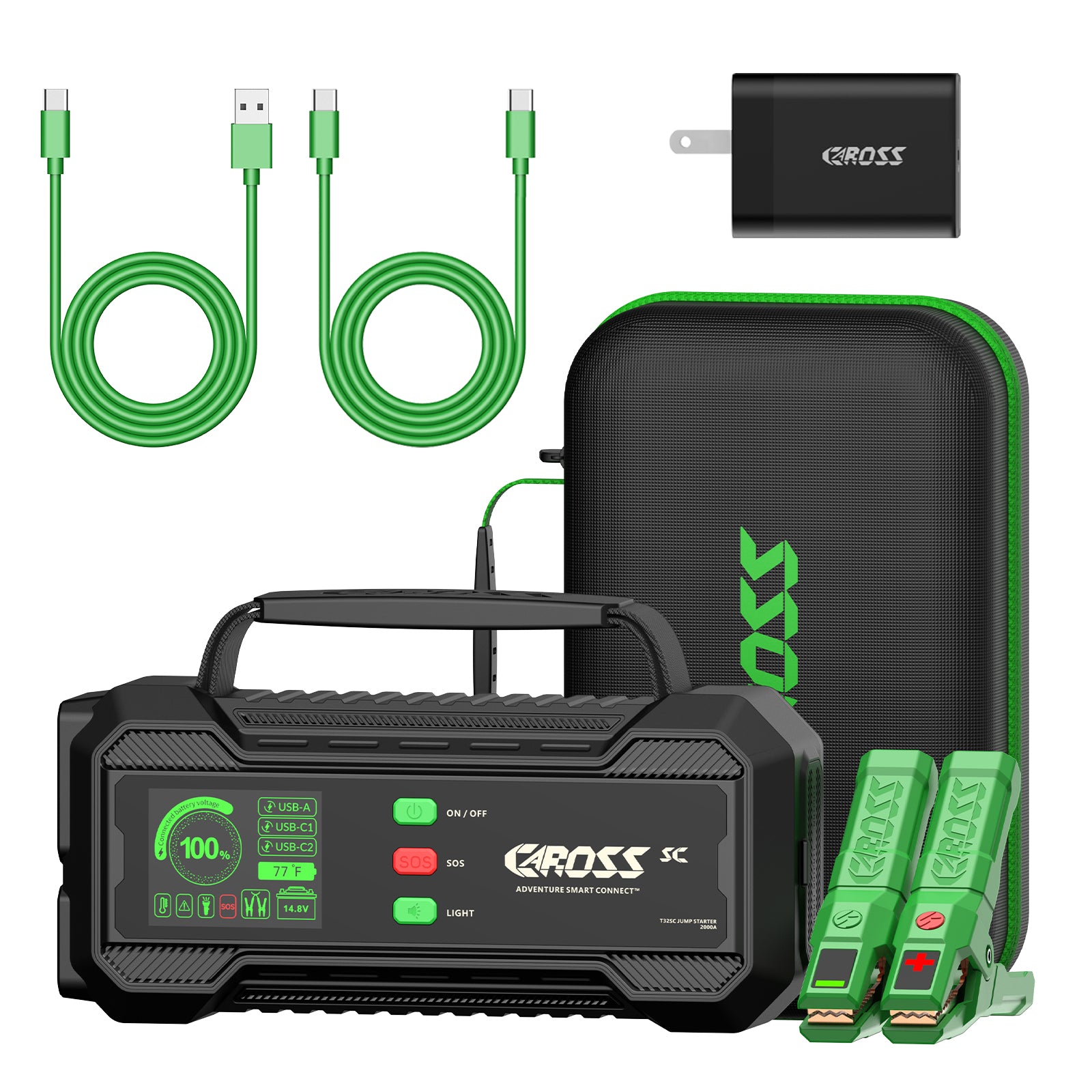CAROSS T32SC Portable Car Jump Starter and USB Power Bank with 2,000-Amp Peak, Smart Jumper Clamps, LED Light, IP65, and PD Fast Charger